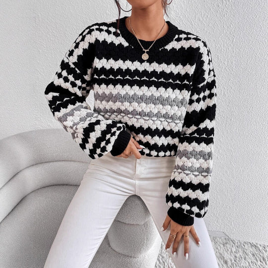 Damen Strickpullover mit kreativem Lochmuster und modischen Farbakzenten R&B