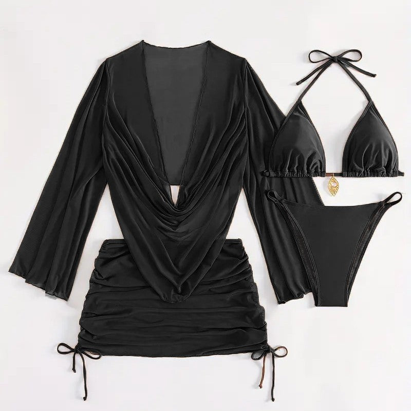Damen Bikini-Set mit raffinierter Wickelbluse und halbtransparentem Rock R&B