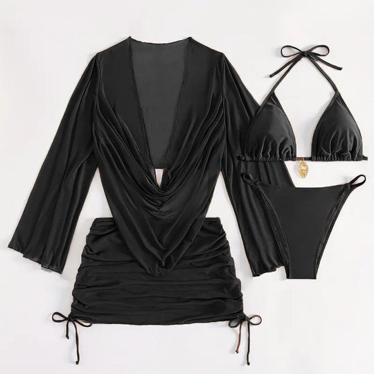 Damen Bikini-Set mit raffinierter Wickelbluse und halbtransparentem Rock R&B