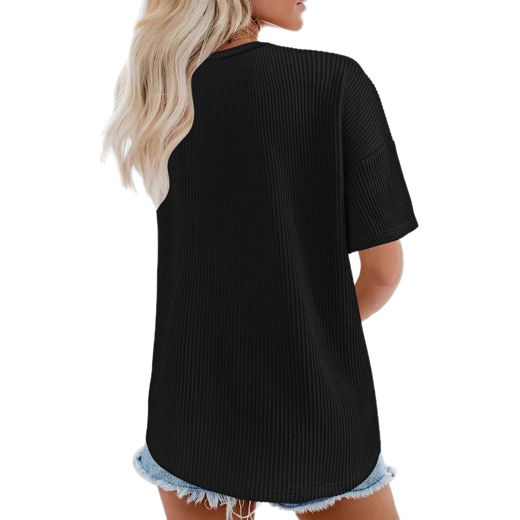 Damen V-Ausschnitt Oversized T-Shirt mit Brusttasche und Rippstruktur R&B