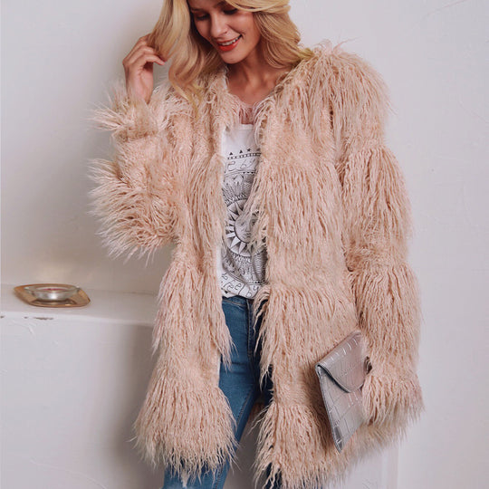 Damen Kuschelige Langhaarjacke mit strukturiertem Design R&B