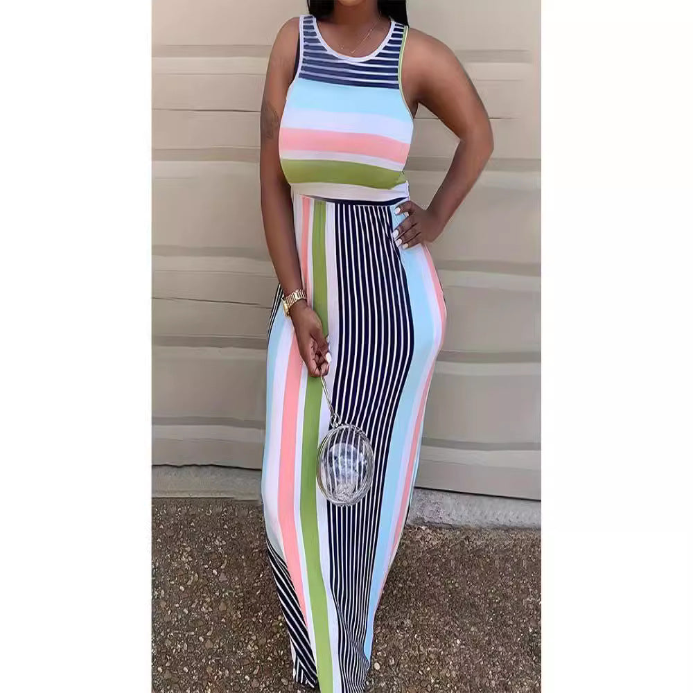 Damen Maxikleid mit farbenfrohem Streifenmuster und figurbetonendem Schnitt R&B