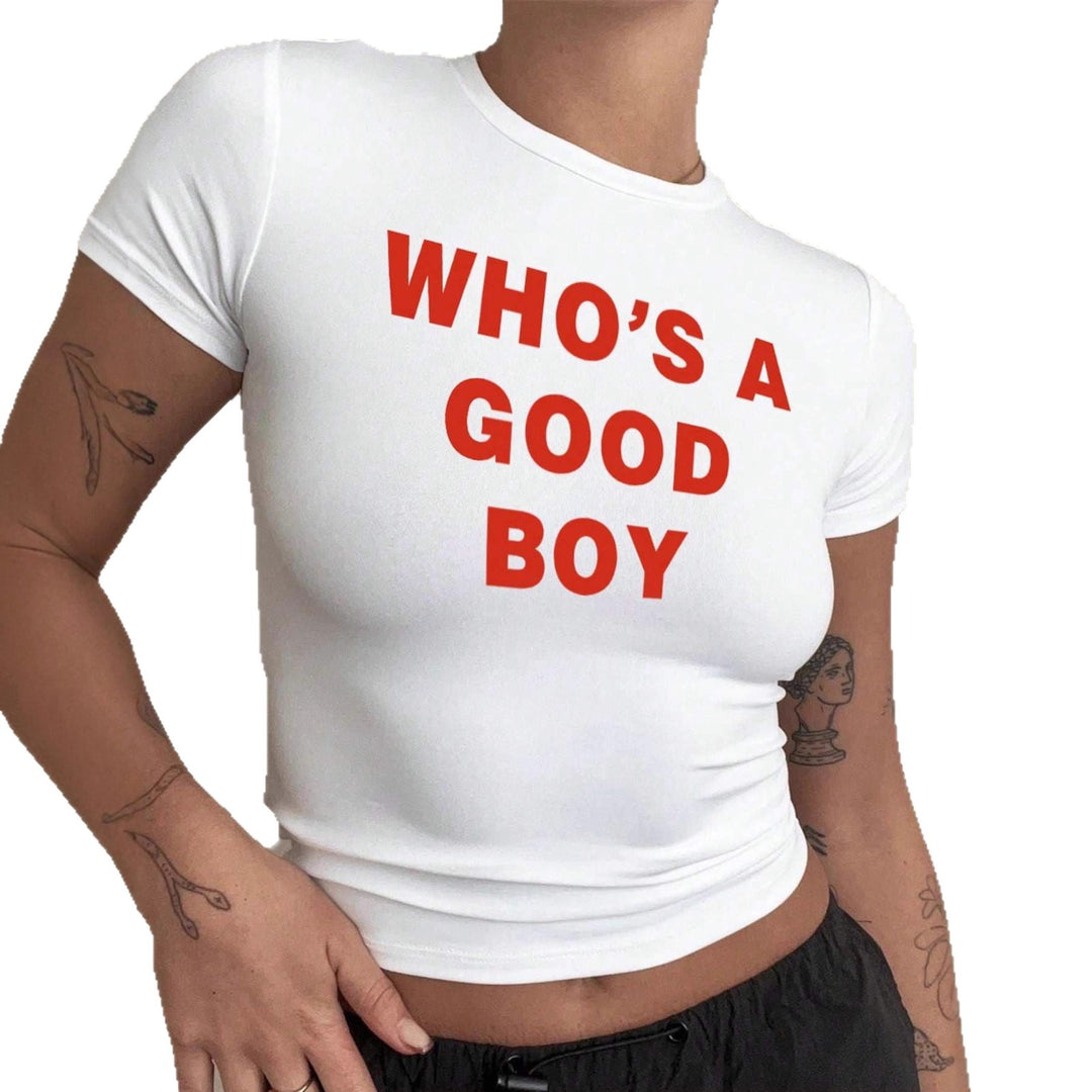 Damen Crop-T-Shirt mit kreativem Print und figurbetontem Schnitt R&B