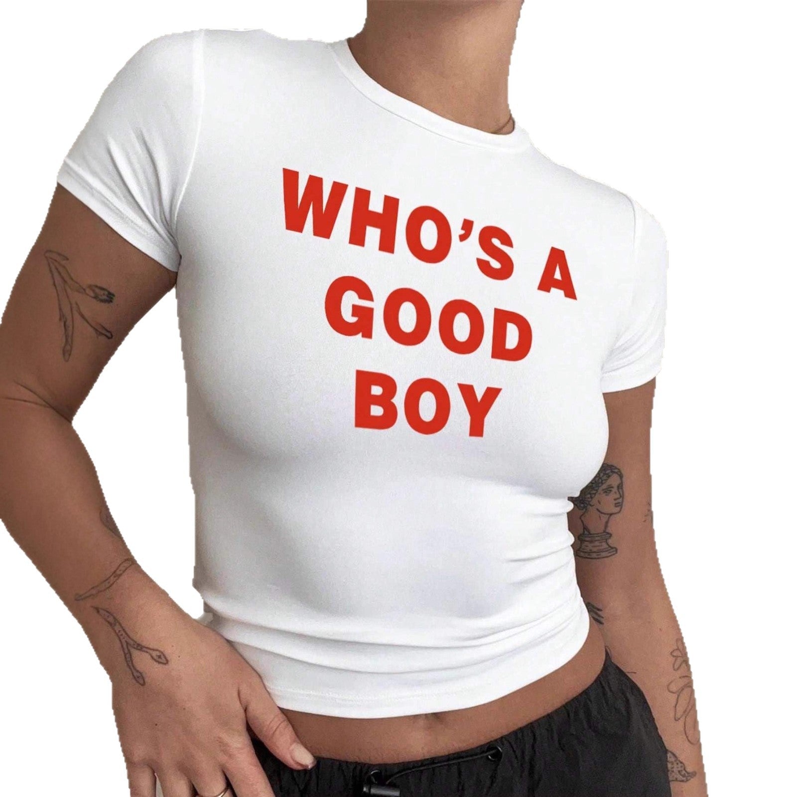 Damen Crop-T-Shirt mit kreativem Print und figurbetontem Schnitt R&B