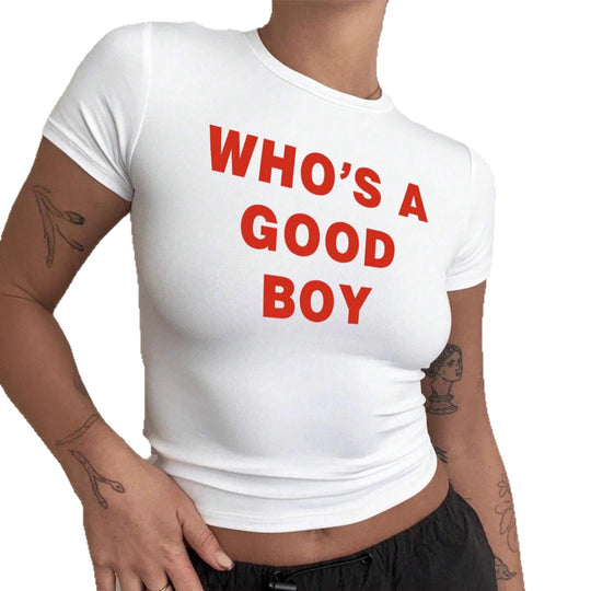 Damen Crop-T-Shirt mit kreativem Print und figurbetontem Schnitt R&B