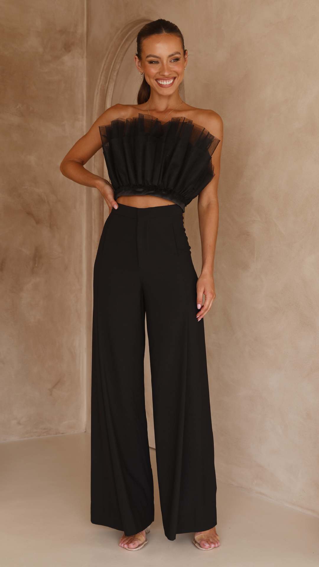Damen cropped Oberteil mit transparenten Rüschendetails R&B