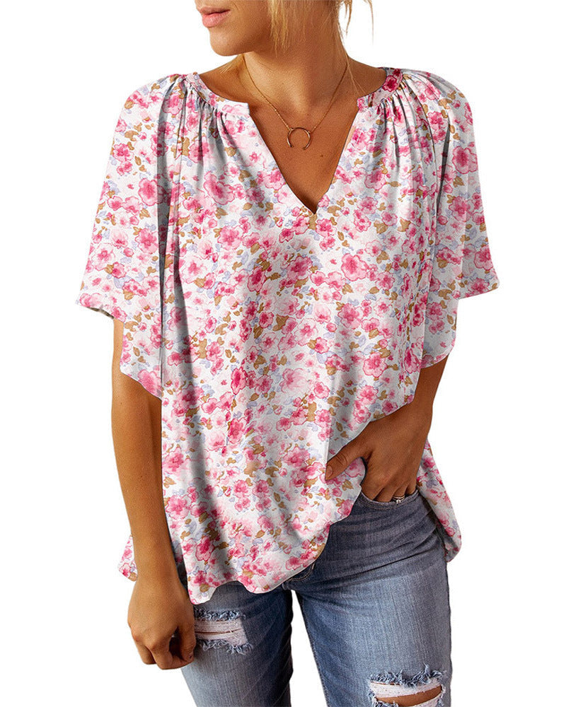 Damen luftiges V-Ausschnitt Blusenshirt mit floralem Muster R&B