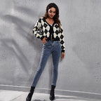 Damen Modischer Karodeckpullover mit tiefem V-Ausschnitt und eleganten Knopfdetails R&B
