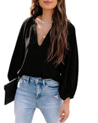 Damen Bluse mit legerem V-Ausschnitt und elegantem Puffärmel R&B