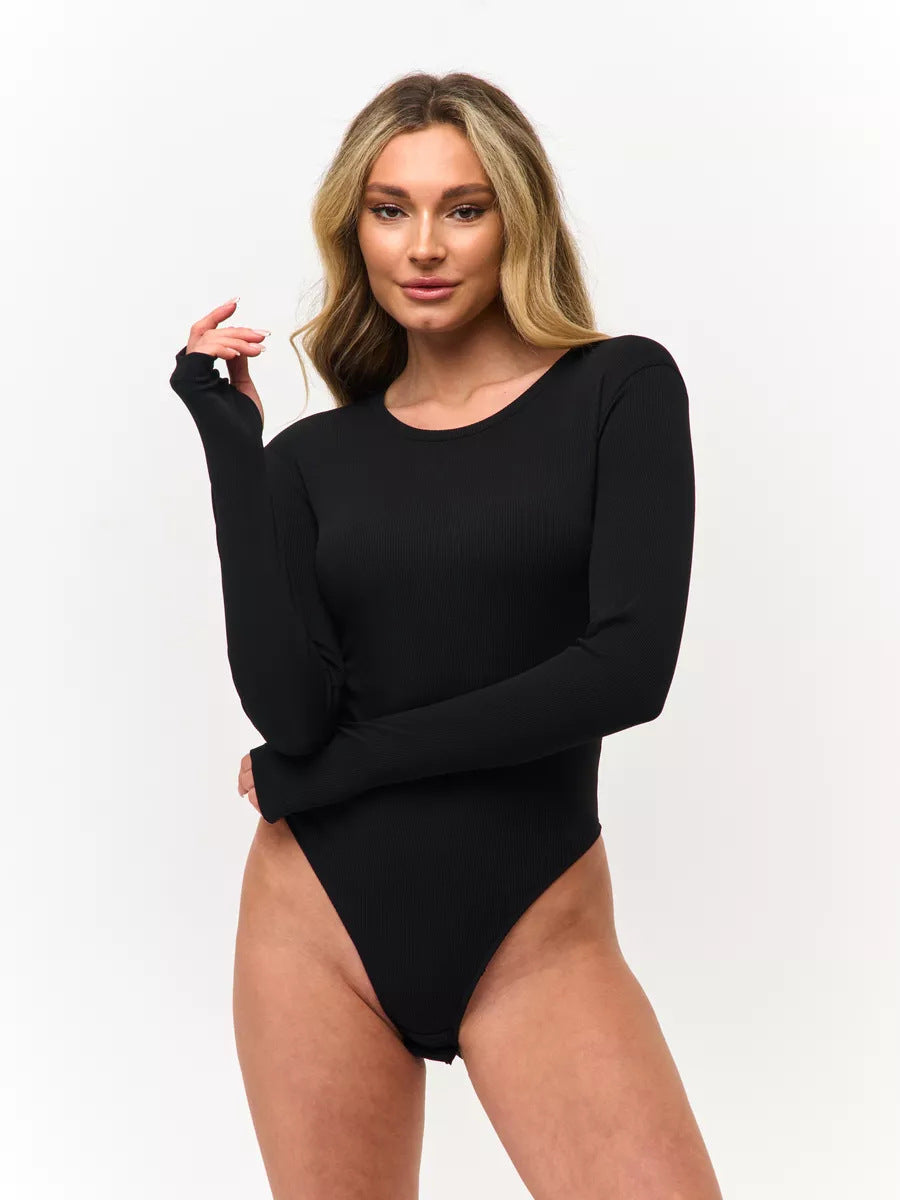 Damen Langarm-Bodysuit mit elegantem Rippdesign und figurbetontem Schnitt R&B