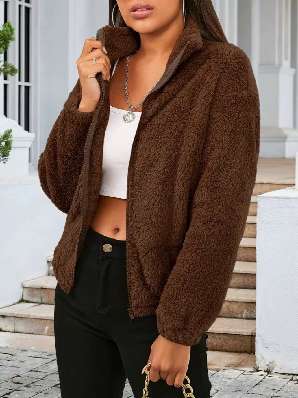 Damen Kuschelige Fleecejacke mit hohem Kragen und seitlichen Taschen R&B