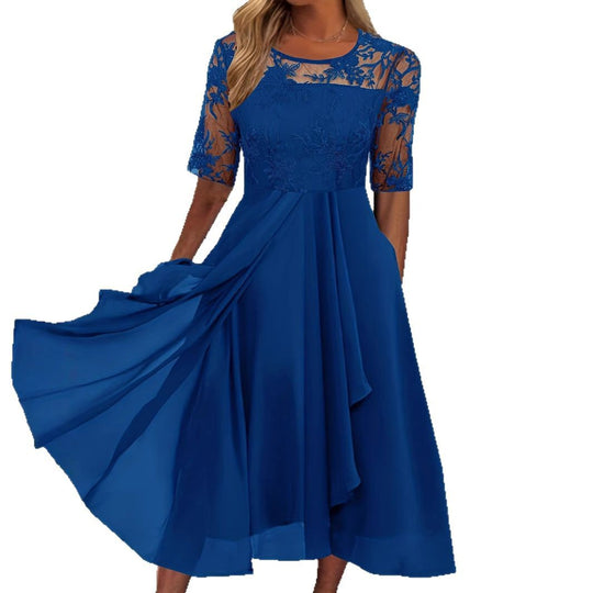Damen Elegantes Midikleid mit Spitzenärmeln und schwingendem Rock R&B