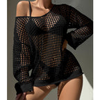 Damen luftiger Grobstrick Pullover mit weitem Schnitt und offenen Ärmeln R&B