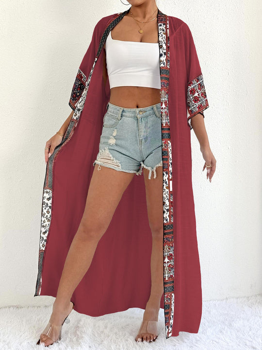Damen eleganter, leichter Kaftan mit buntem Häkelbesatz R&B