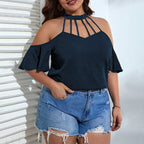 Damen Off-Shoulder Top mit Stehkragen und verspielten Rüschendetails R&B