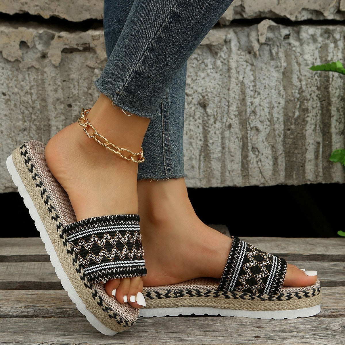Damen Plattform-Sandalen mit buntem Ethno-Design R&B