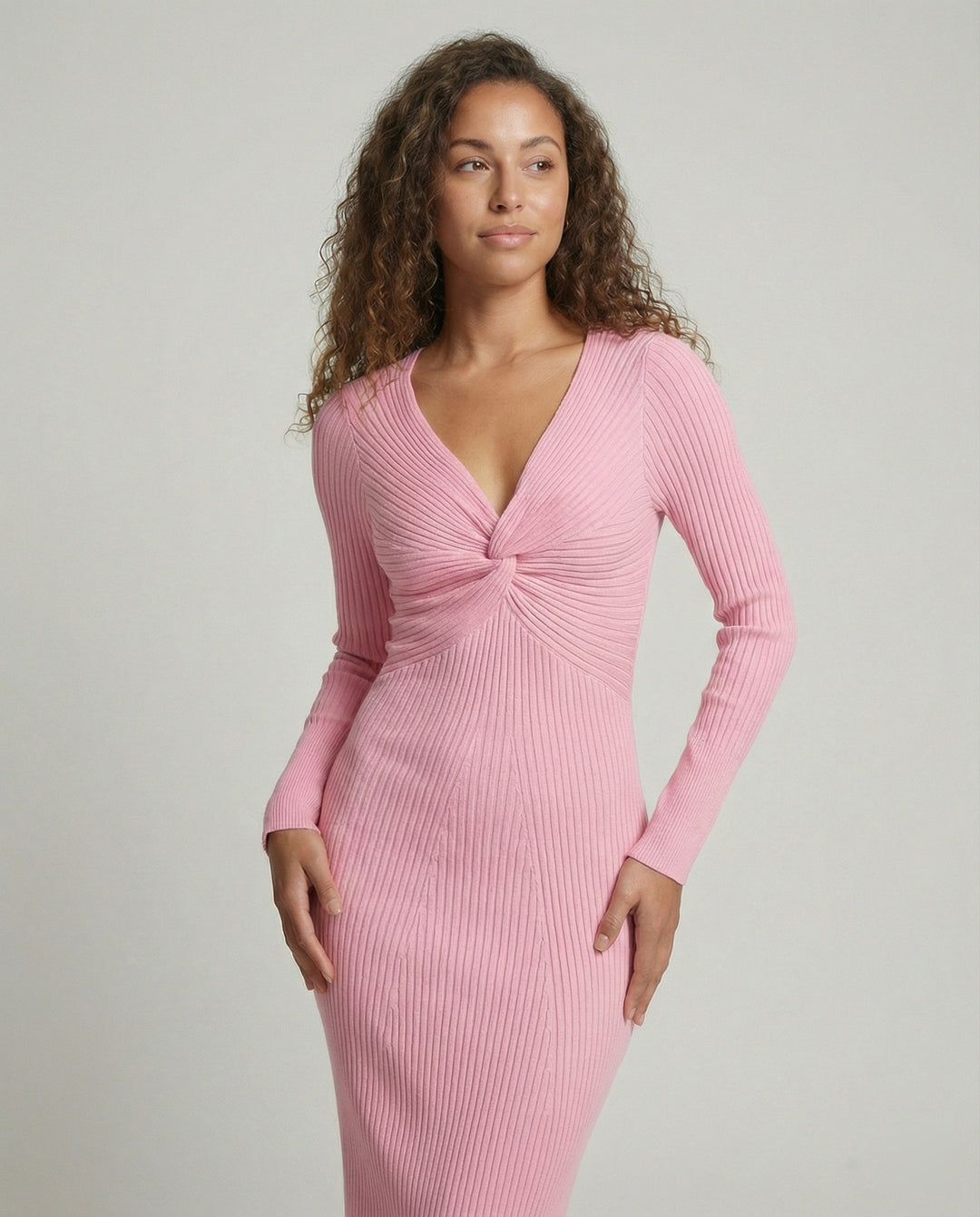 Damen figurbetontes langärmliges Strickkleid mit Knoten-Detail R&B