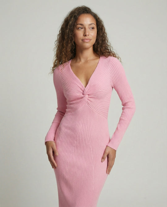 Damen figurbetontes langärmliges Strickkleid mit Knoten-Detail R&B