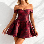 Damen Off-Shoulder Cocktailkleid mit floralem Jacquard-Muster