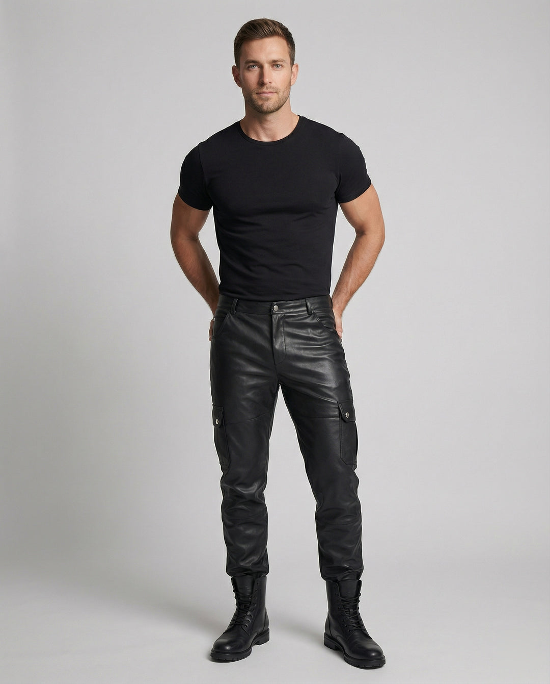 Herren Kunstleder Cargo-Hose mit Seitentaschen