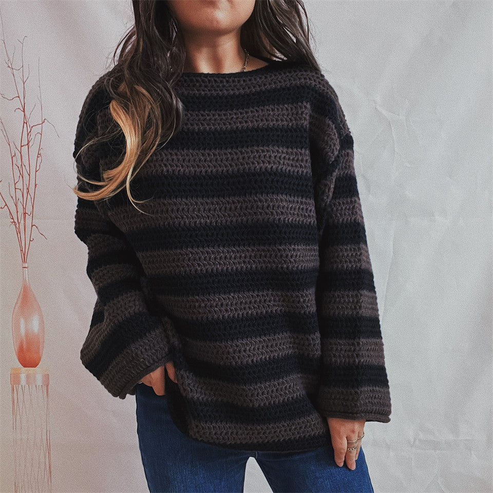 Damen lässiger Strickpullover mit kontrastierenden Streifen und weitem Schnitt R&B