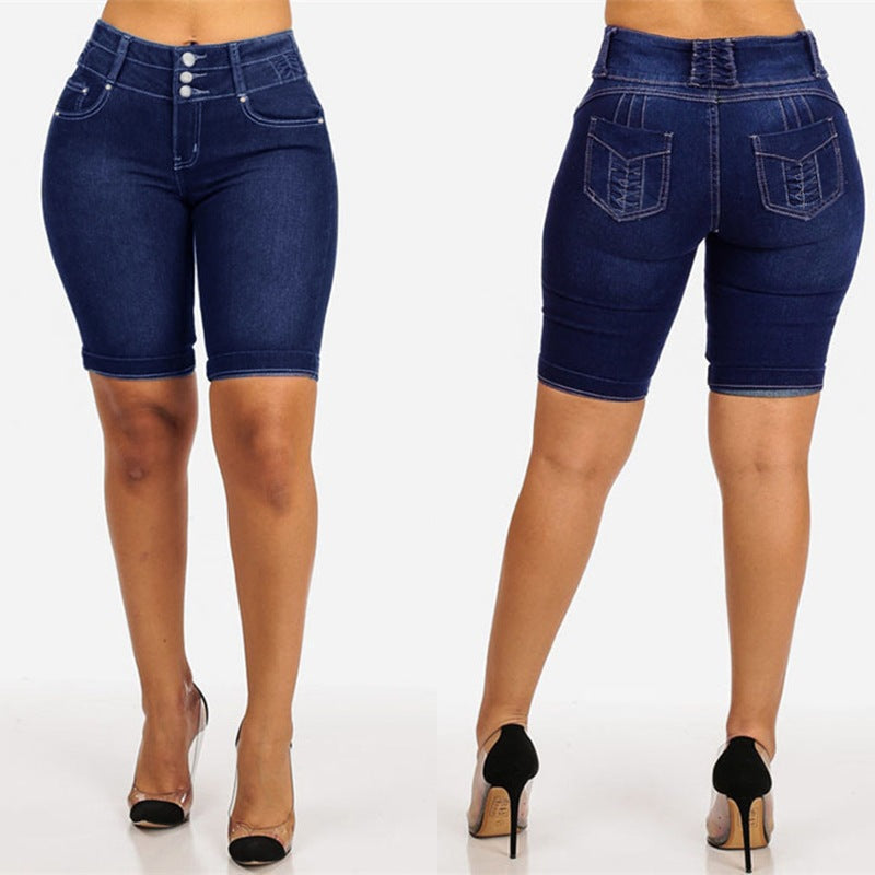 Damen Jeansbermuda mit hohem Bund und Knopfdetail R&B