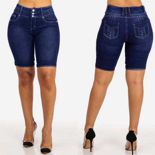 Damen Jeansbermuda mit hohem Bund und Knopfdetail R&B