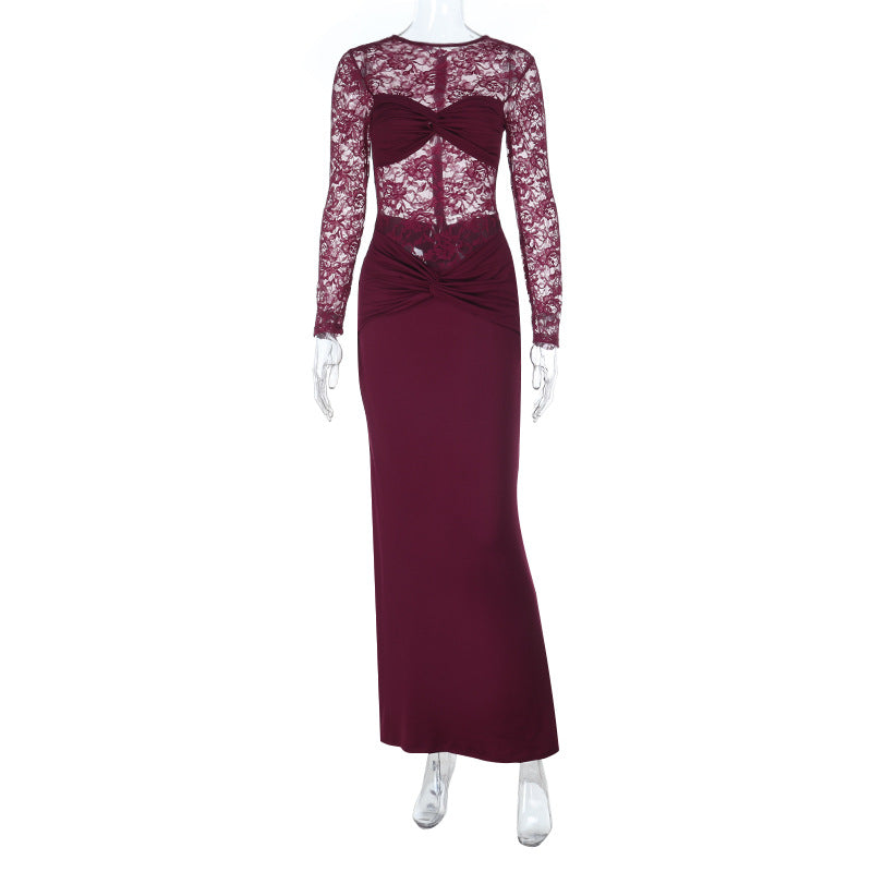 Damen Elegantes Langarm-Spitzenkleid mit tailliertem Design R&B