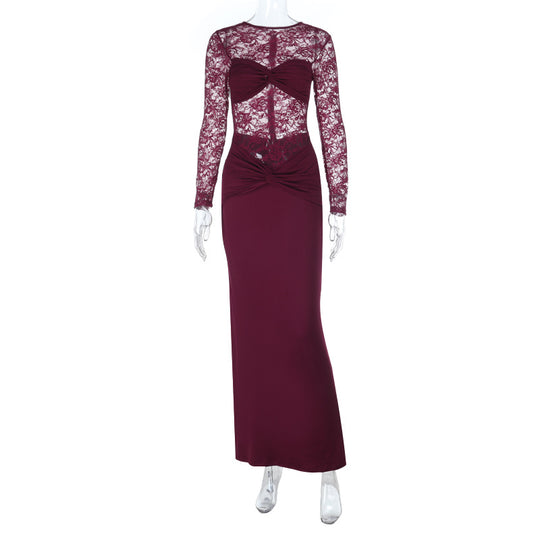 Damen Elegantes Langarm-Spitzenkleid mit tailliertem Design R&B