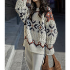 Damen Grobstrickpullover mit geometrischem Muster und Rundhalsausschnitt R&B