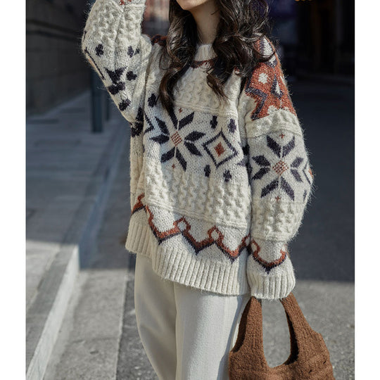 Damen Grobstrickpullover mit geometrischem Muster und Rundhalsausschnitt R&B