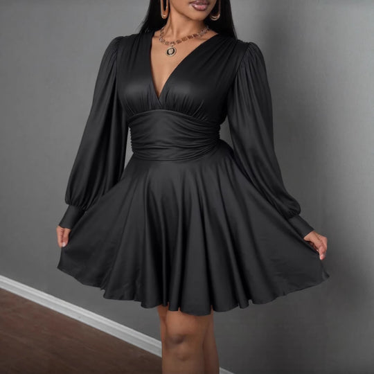 Damen elegantes Minikleid mit tiefem V-Ausschnitt und voluminösen Puffärmeln R&B