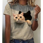 Damen T-Shirt mit 3D-Katzenmotiv und kreativem Rissdesign R&B