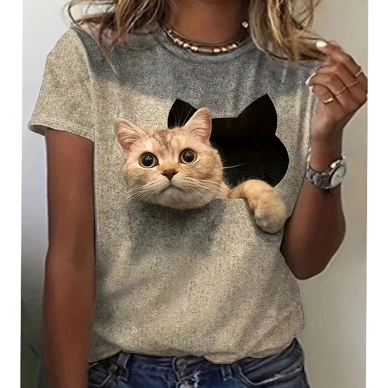 Damen T-Shirt mit 3D-Katzenmotiv und kreativem Rissdesign R&B