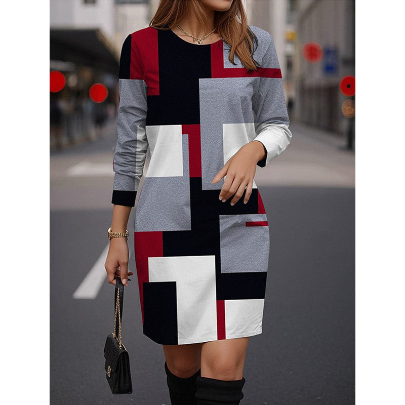 Damen Modisches Kleid mit geometrischem Muster und langen Ärmeln R&B