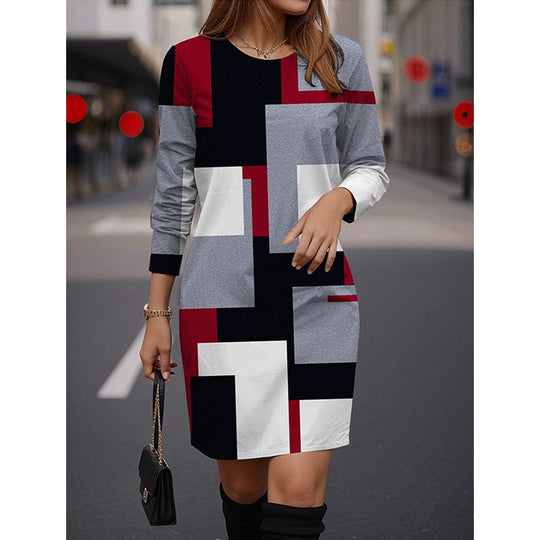 Damen Modisches Kleid mit geometrischem Muster und langen Ärmeln R&B