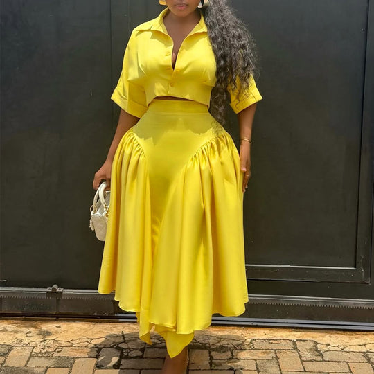 Damen Elegante Zweiteilige Outfit mit cropped Bluse und schwingendem Rock R&B