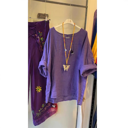 Damen Lockere Leinenbluse mit lässigem Schnitt und Rollärmeln R&B