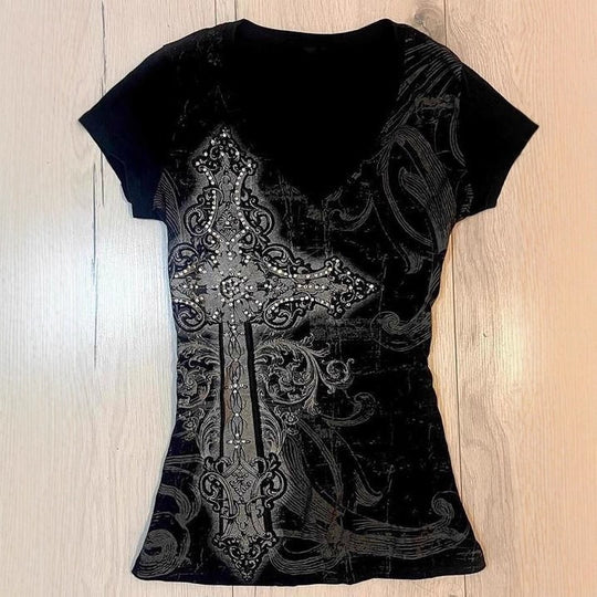 Damen T-Shirt mit aufwendigem Kreuz-Design und Strass-Akzenten R&B