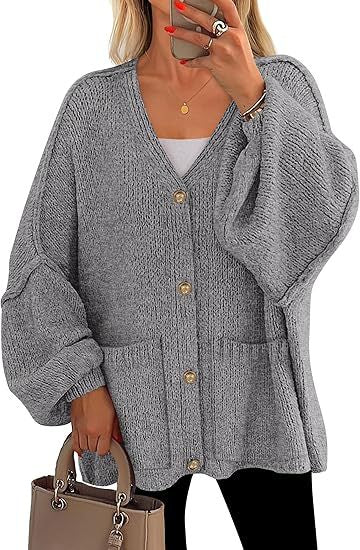 Damen Oversized Strickjacke mit Knöpfen und großen Taschen R&B