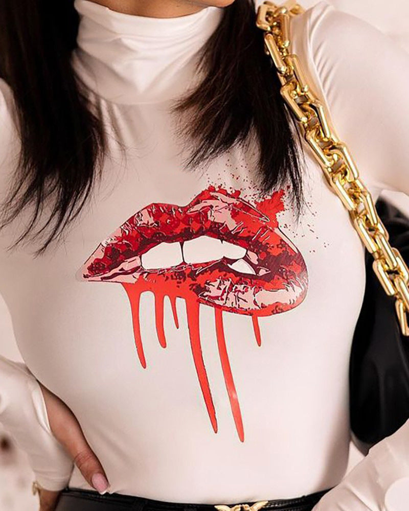 Damen Langärmliger Body mit kreativem Lippen-Motiv R&B