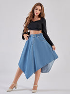Damen asymmetrischer Denim-Rock mit attraktivem Saumdesign R&B
