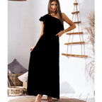 Damen Maxikleid mit asymmetrischem Träger und raffinierter Rüsche R&B