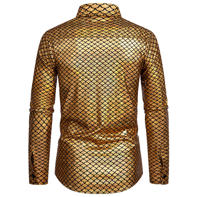 Herren schimmerndes Langarmhemd mit Fischschuppen-Design R&B