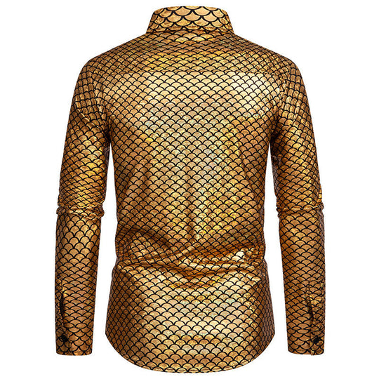 Herren schimmerndes Langarmhemd mit Fischschuppen-Design R&B