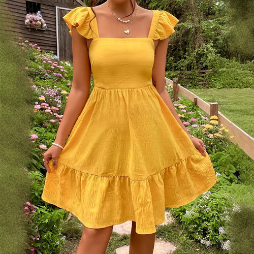 Damen luftiges Baumwollkleid mit Rüschendetails und offenen Rücken R&B