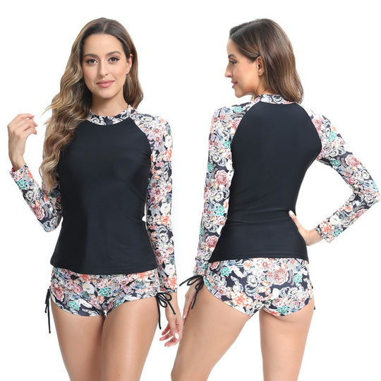 Damen Surfanzug-Set mit langärmligem Oberteil und modischem Blumenmuster R&B