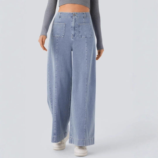 Damen nan hochgeschnittene Jeans-Palazzohose mit weitem Bein und aufgesetzten Fronttaschen R&B