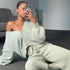 Damen Angesagtes Strick-Loungewear-Set mit modischen Knöpfen und Kordelzug R&B