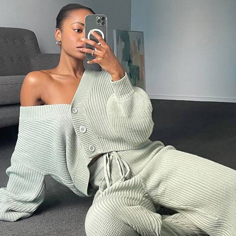 Damen Angesagtes Strick-Loungewear-Set mit modischen Knöpfen und Kordelzug R&B
